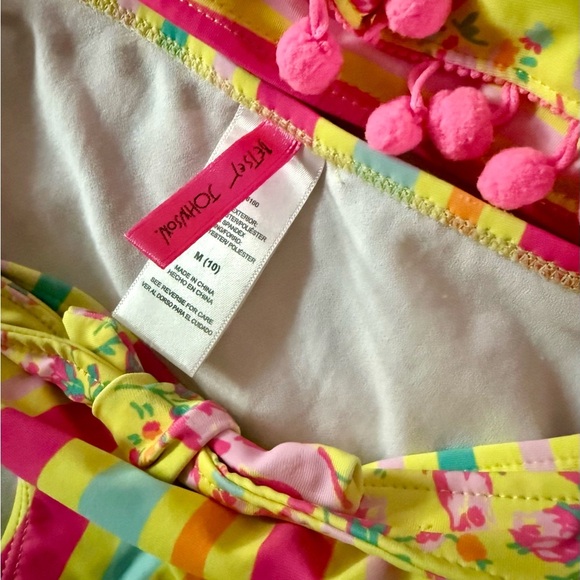 Betsy Johnson Floral and Strip Ruffled Pom-Pom Bikini Set Girls Size 10 - Picture 3 of 4